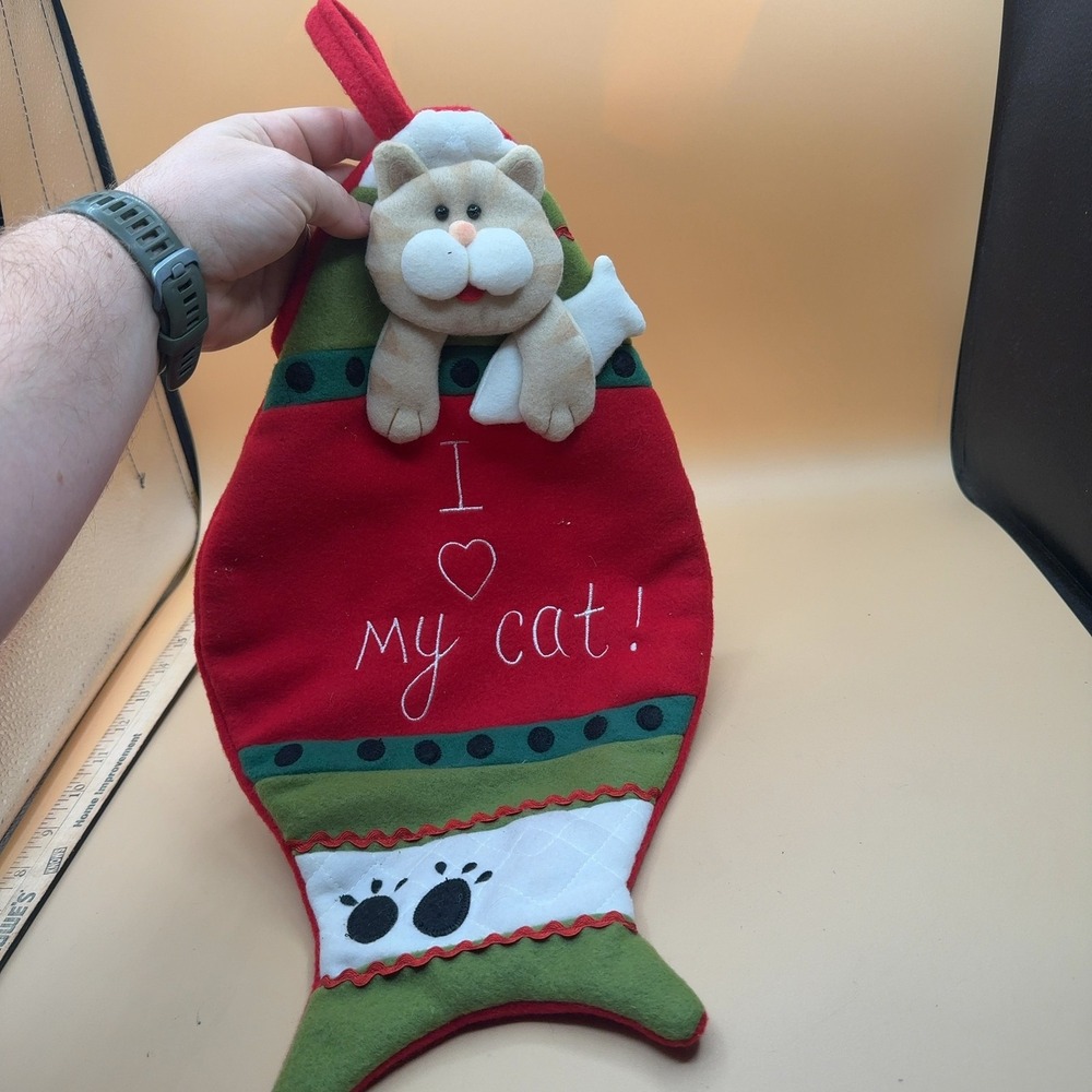 Fish-Shaped Christmas Stocking I Love My Cat Plush Red Green Size 15in